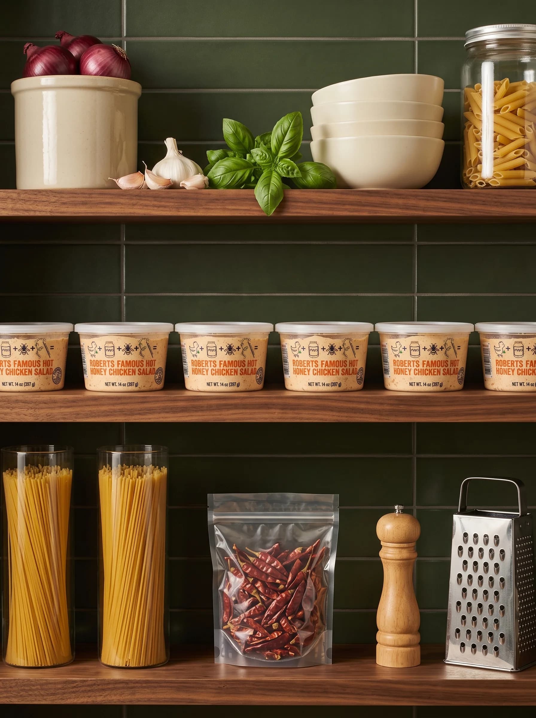 Roberts Hot Honey chicken salad tubs lined up with red chili peppers against dark green tile