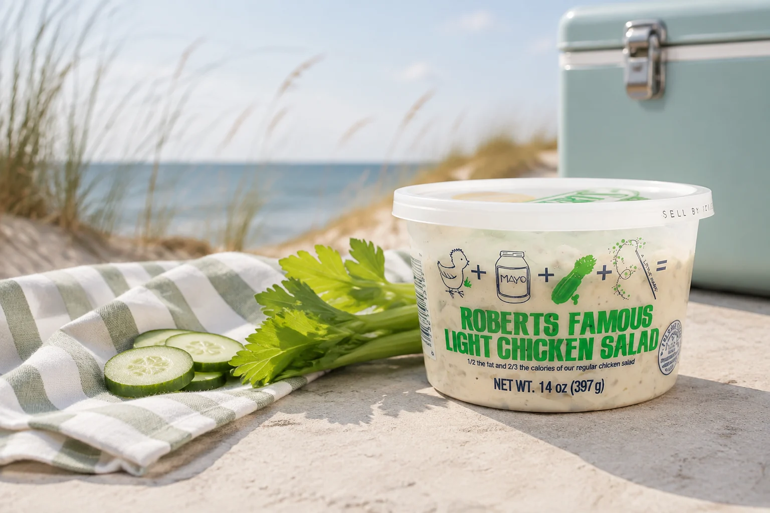 Roberts Light chicken salad with cucumber and celery beside a sea-glass beach cooler