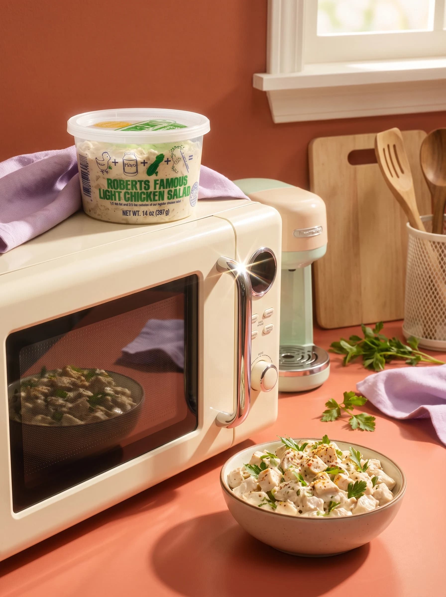 Roberts Light chicken salad in a colorful sunlit kitchen beside a prepared serving
