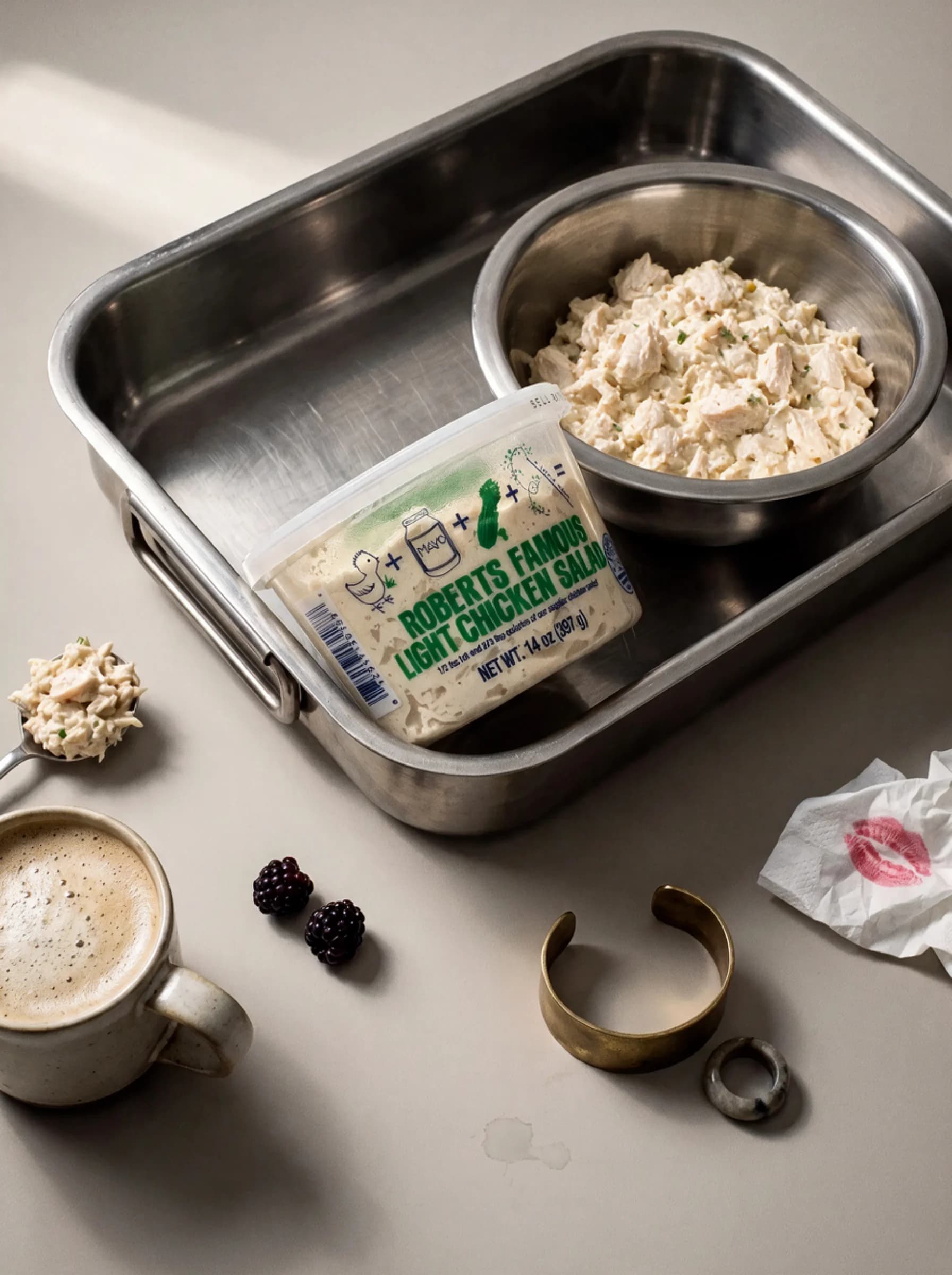 Roberts Famous Light Chicken Salad and a serving bowl arranged on a stainless tray with coffee and blackberries