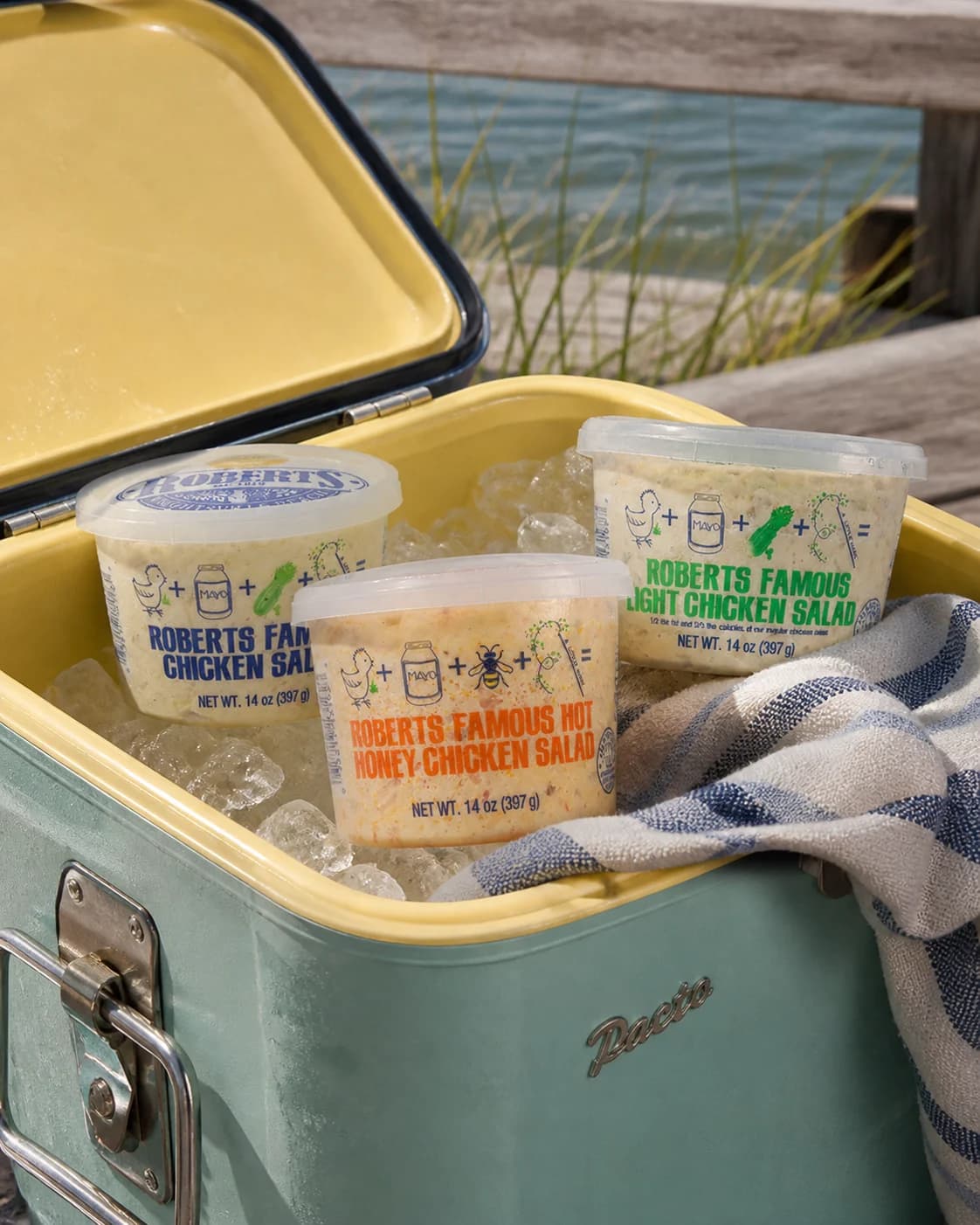 Roberts Original, Hot Honey and Light chicken salad packed together in a beach cooler