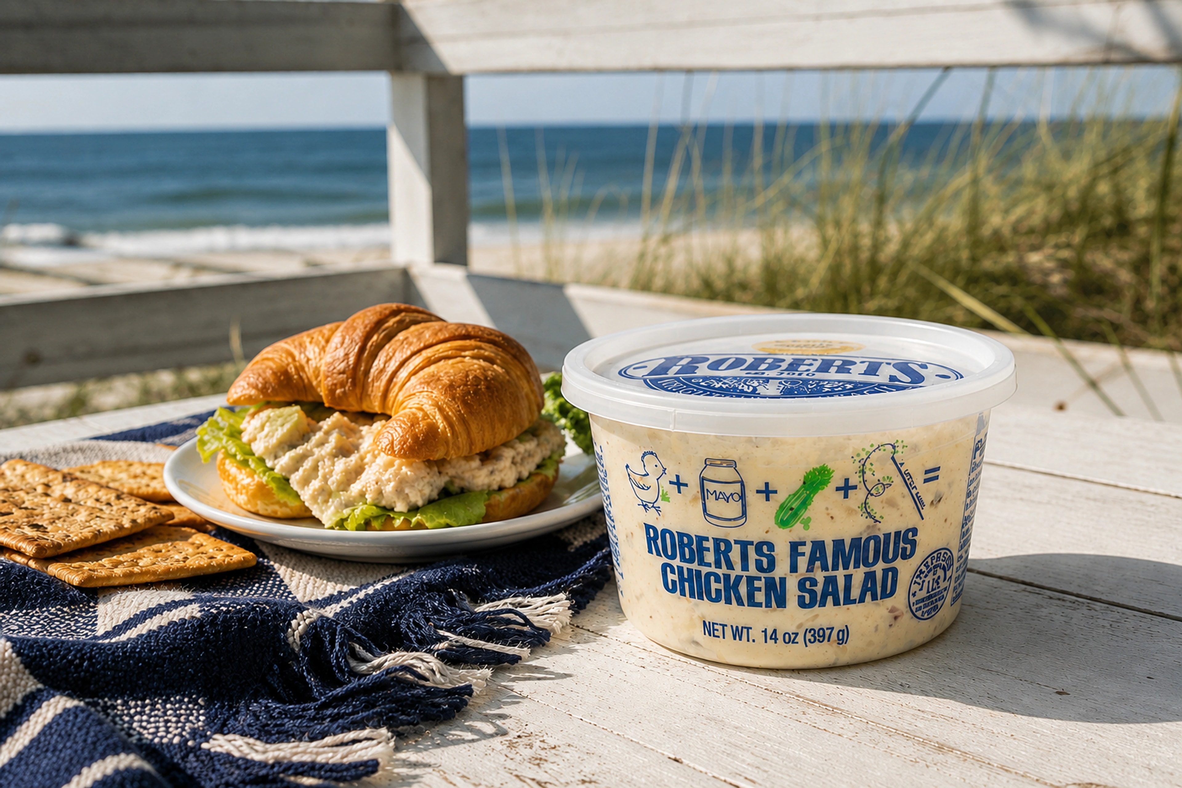 Roberts Original chicken salad with a croissant sandwich at a Wrightsville Beach picnic table